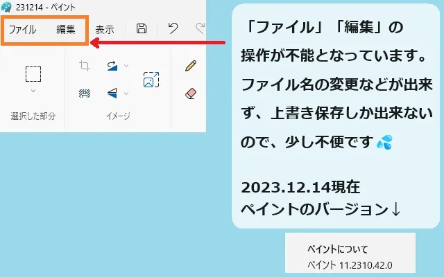 「ファイル」「編集」の操作が不能となっています。ファイル名の変更などが出来ず、上書き保存しか出来ないので、少し不便です。